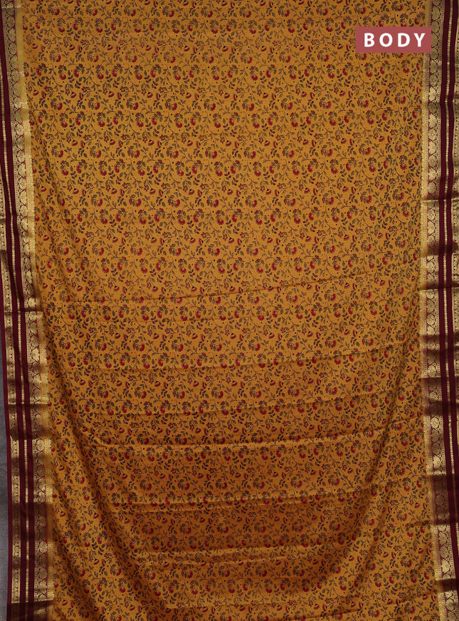 Mustard Yellow & Maroon Semi Mysore Silk Saree - Prints