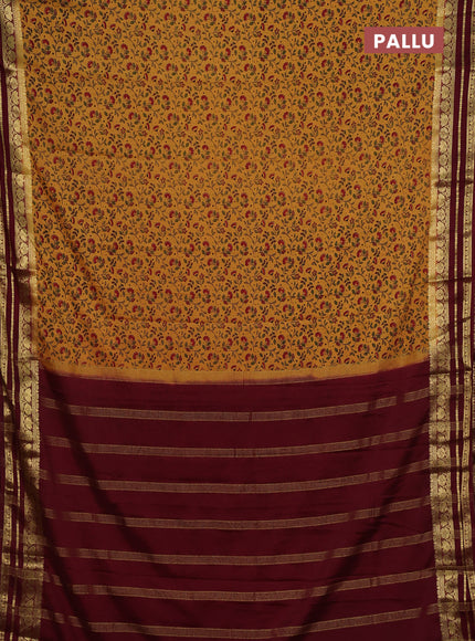 Mustard Yellow & Maroon Semi Mysore Silk Saree - Prints