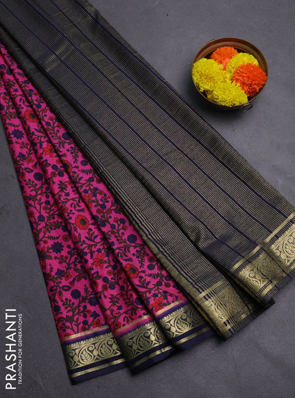 Pink & Navy Blue Semi Mysore Silk Saree - Prints