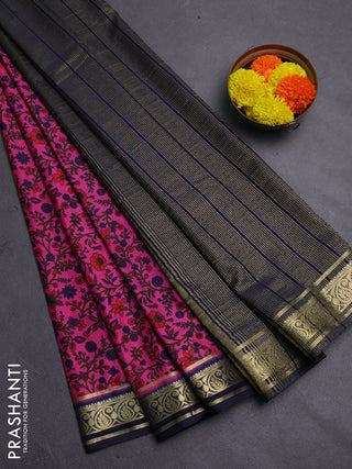 Pink & Navy Blue Semi Mysore Silk Saree - Prints