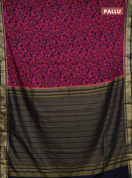 Pink & Navy Blue Semi Mysore Silk Saree - Prints