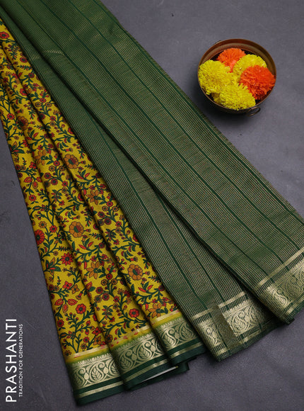 Yellow & Green Semi Mysore Silk Saree - Prints