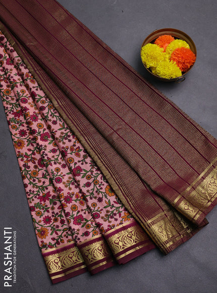 Peach & Wine Semi Mysore Silk Saree - Prints