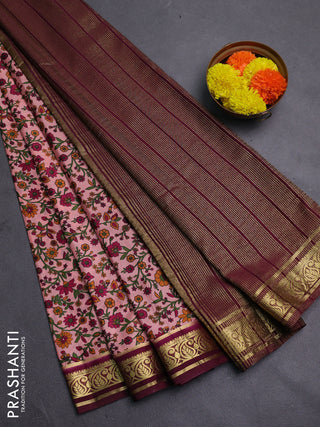 Peach & Wine Semi Mysore Silk Saree - Prints