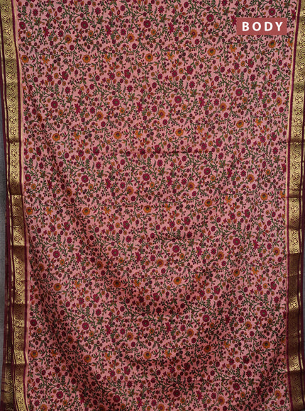 Peach & Wine Semi Mysore Silk Saree - Prints