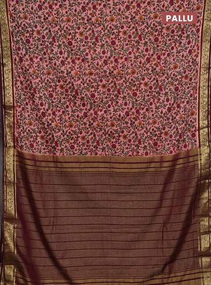 Peach & Wine Semi Mysore Silk Saree - Prints