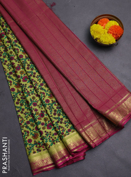 Lime Green & Pink Semi Mysore Silk Saree - Prints