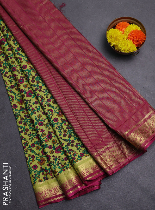 Lime Green & Pink Semi Mysore Silk Saree - Prints
