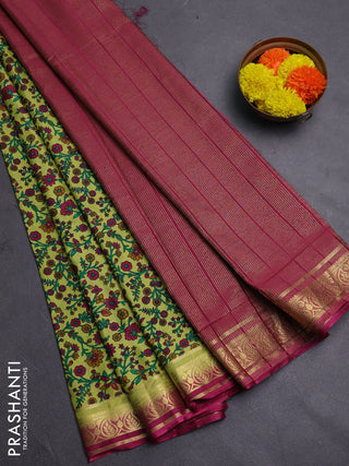 Lime Green & Pink Semi Mysore Silk Saree - Prints