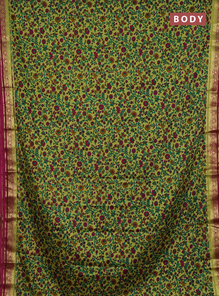 Lime Green & Pink Semi Mysore Silk Saree - Prints