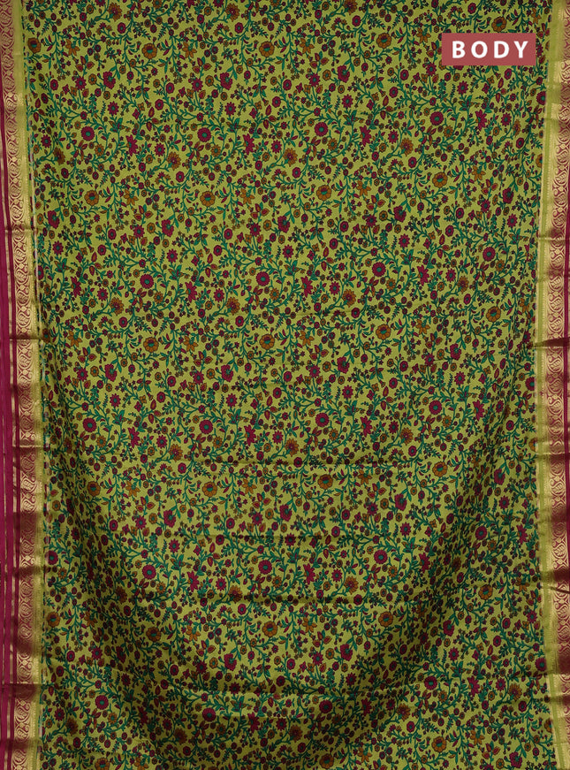 Lime Green & Pink Semi Mysore Silk Saree - Prints