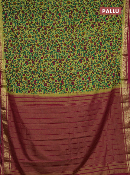 Lime Green & Pink Semi Mysore Silk Saree - Prints