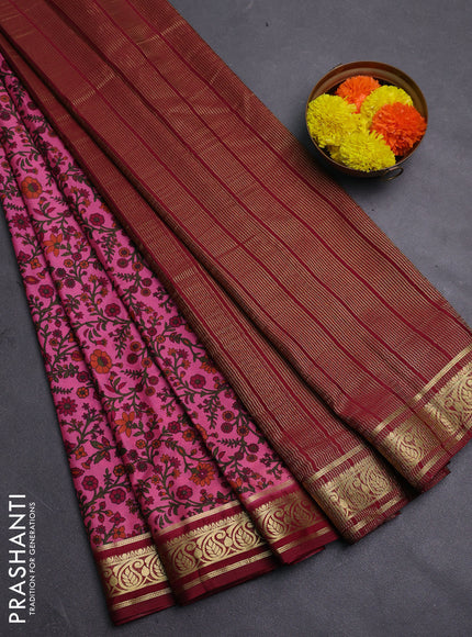 Pink & Maroon Semi Mysore Silk Saree - Prints