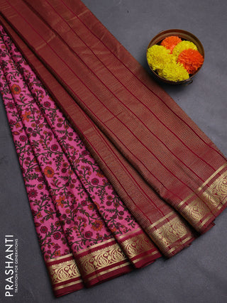 Pink & Maroon Semi Mysore Silk Saree - Prints