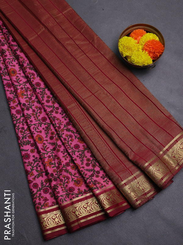 Pink & Maroon Semi Mysore Silk Saree - Prints