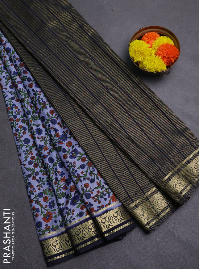 Grey & Navy Blue Semi Mysore Silk Saree - Prints
