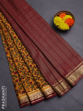 Mustard Yellow & Maroon Semi Mysore Silk Saree - Prints