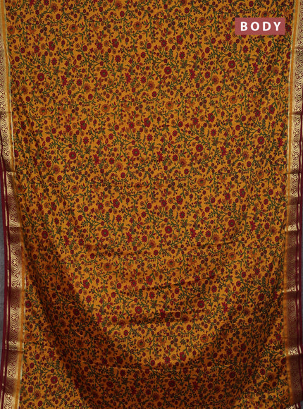 Mustard Yellow & Maroon Semi Mysore Silk Saree - Prints