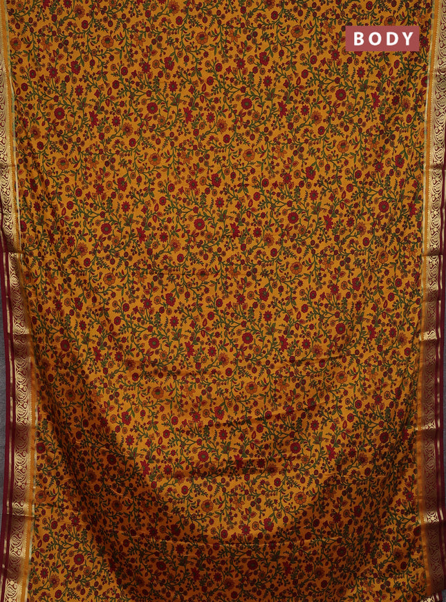 Mustard Yellow & Maroon Semi Mysore Silk Saree - Prints