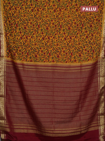 Mustard Yellow & Maroon Semi Mysore Silk Saree - Prints