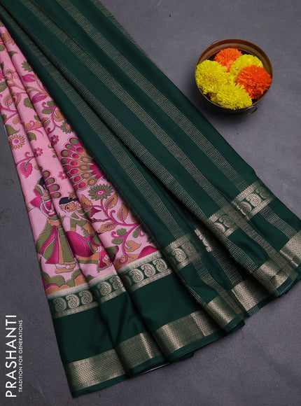 Light Pink & Bottle Green Semi Mysore Silk Saree - Prints