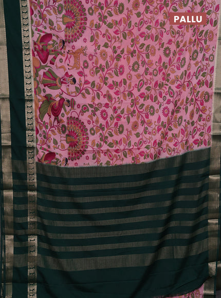 Light Pink & Bottle Green Semi Mysore Silk Saree - Prints