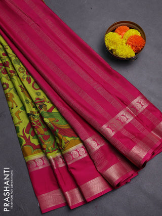 Light Green & Pink Semi Mysore Silk Saree - Prints