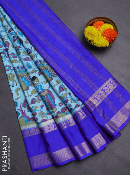 Light Blue & Royal Blue Semi Mysore Silk Saree - Prints