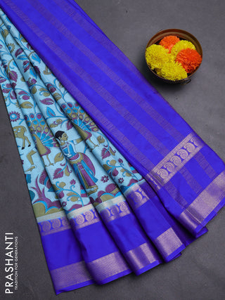 Light Blue & Royal Blue Semi Mysore Silk Saree - Prints