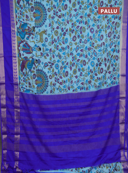 Light Blue & Royal Blue Semi Mysore Silk Saree - Prints
