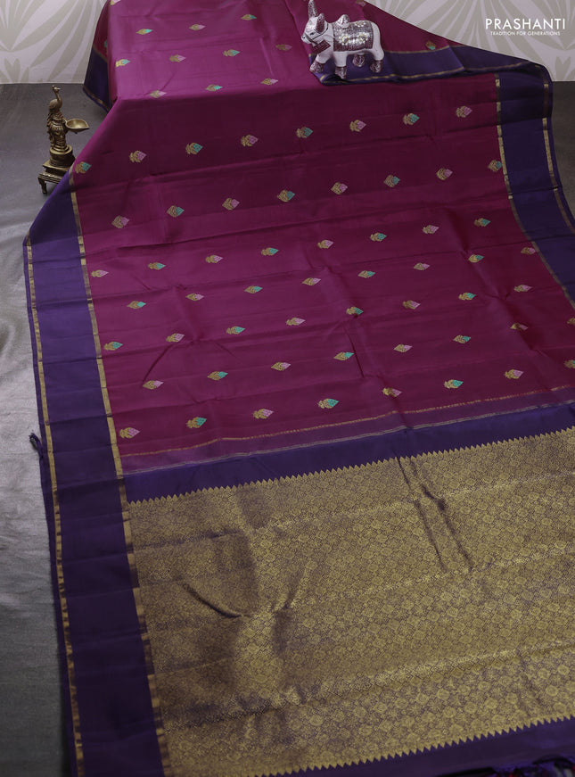 Wine & Navy Blue Pure Kanchipuram Silk Saree