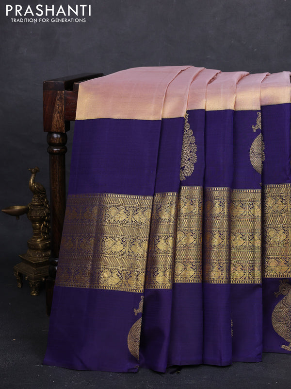 Peach & Navy Blue Pure Kanchipuram Tissue Silk Saree