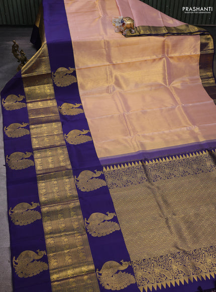 Peach & Navy Blue Pure Kanchipuram Tissue Silk Saree