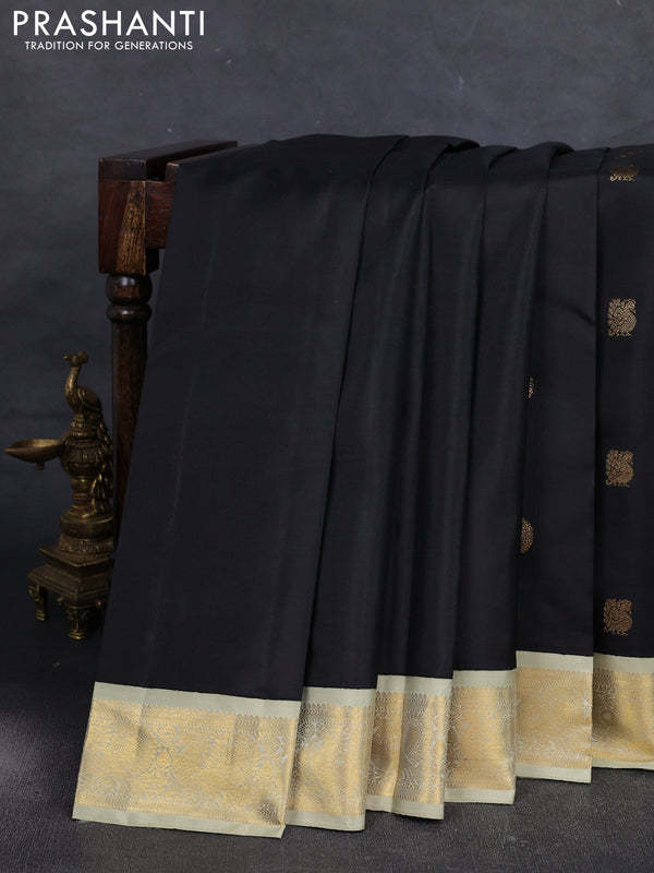 Black & Pista Green Pure Kanchipuram Silk Saree - Korvai Border