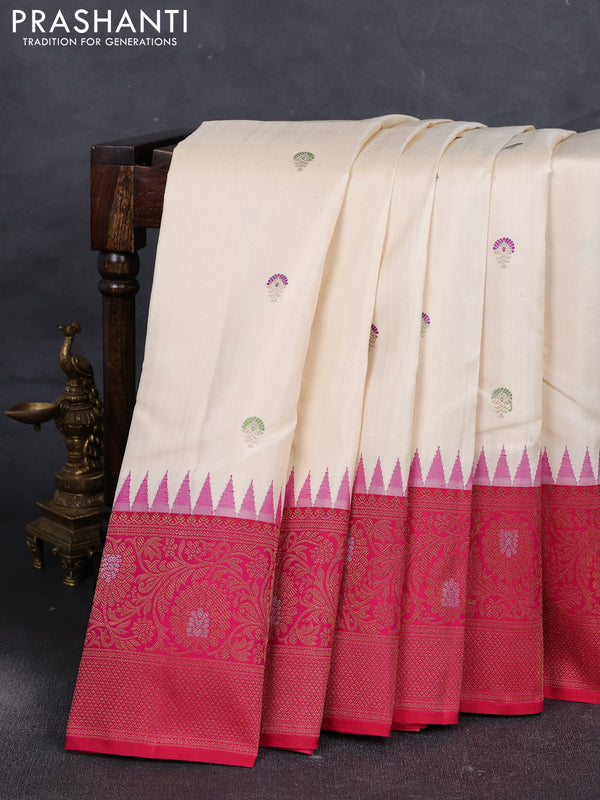 Cream & Pink Pure Kanchipuram Silk Saree - Mina Buttas