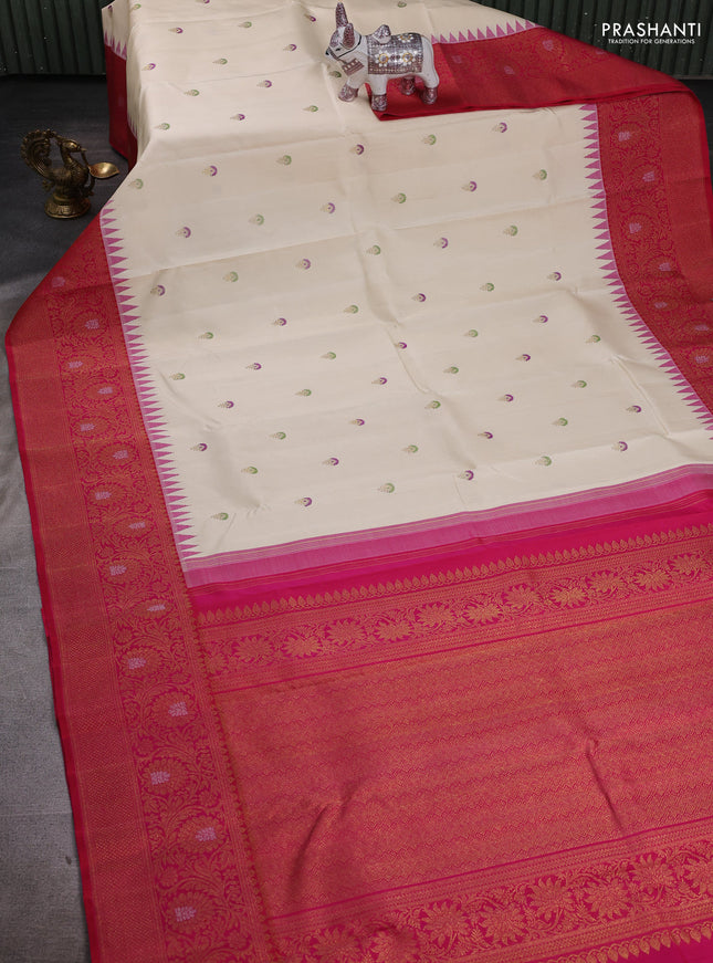 Cream & Pink Pure Kanchipuram Silk Saree