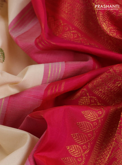 Cream & Pink Pure Kanchipuram Silk Saree - Mina Buttas