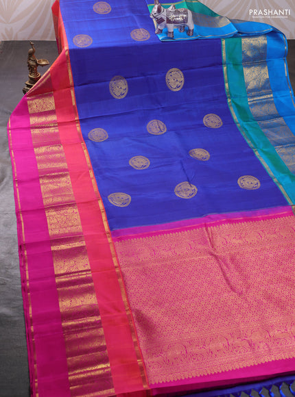 Blue & Pink Pure Kanchipuram Silk Saree - Ganga Jamuna Border