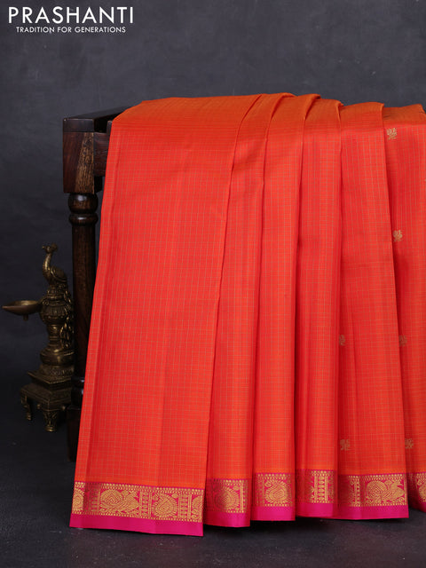 Orange & Pink Pure Kanchipuram Silk Saree - Small Border