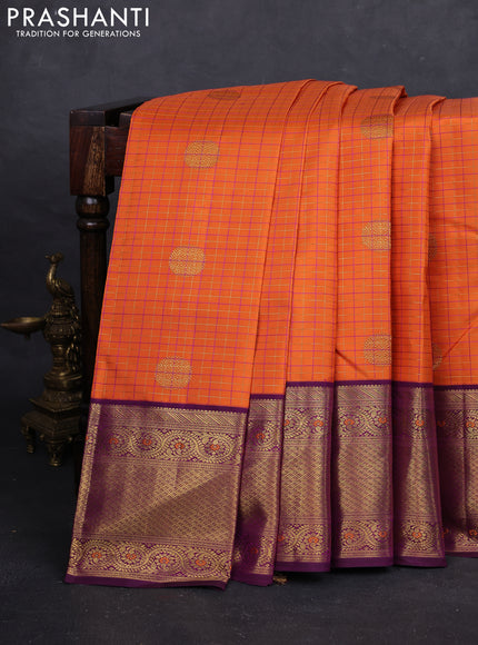 Orange & Purple Pure Kanchipuram Silk Saree - Mina butta Border