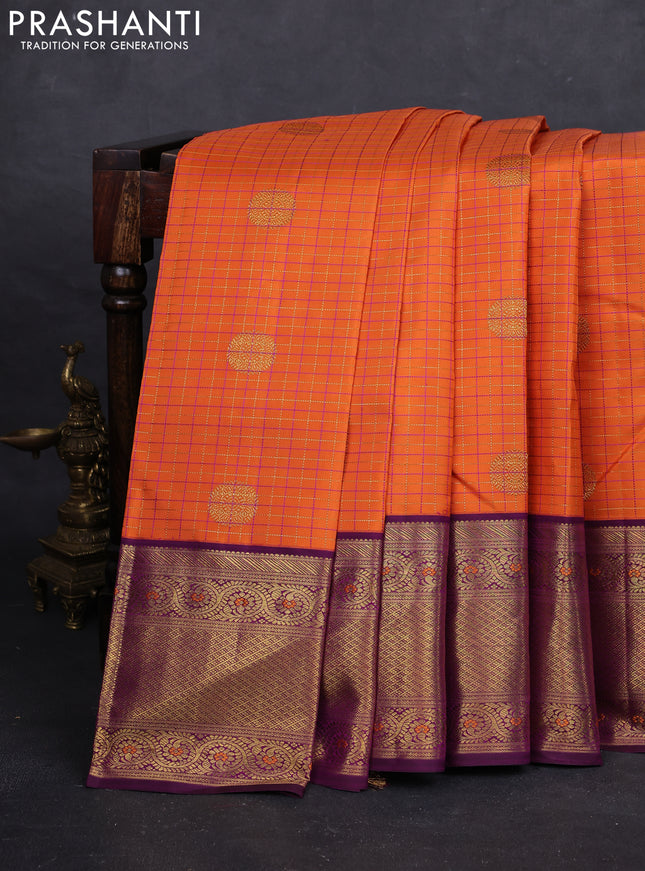 Orange & Purple Pure Kanchipuram Silk Saree - Mina butta Border
