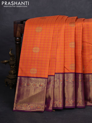 Orange & Purple Pure Kanchipuram Silk Saree - Mina butta Border