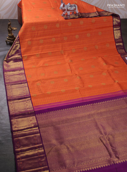 Orange & Purple Pure Kanchipuram Silk Saree - Mina butta Border
