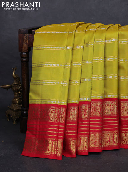 Lime Yellow & Red Pure Kanchipuram Silk Saree