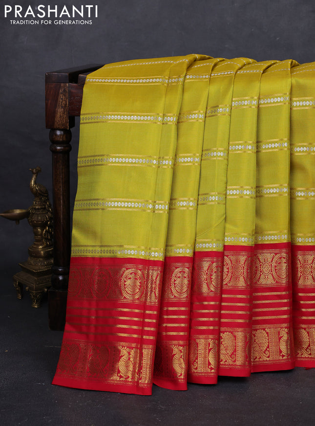 Lime Yellow & Red Pure Kanchipuram Silk Saree