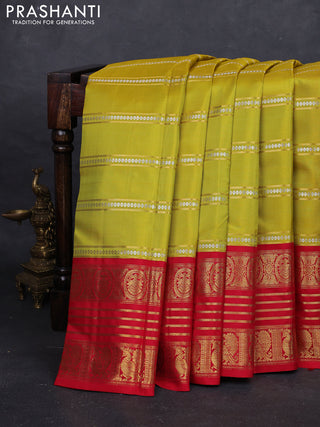 Lime Yellow & Red Pure Kanchipuram Silk Saree