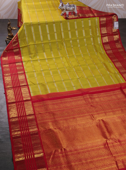 Lime Yellow & Red Pure Kanchipuram Silk Saree