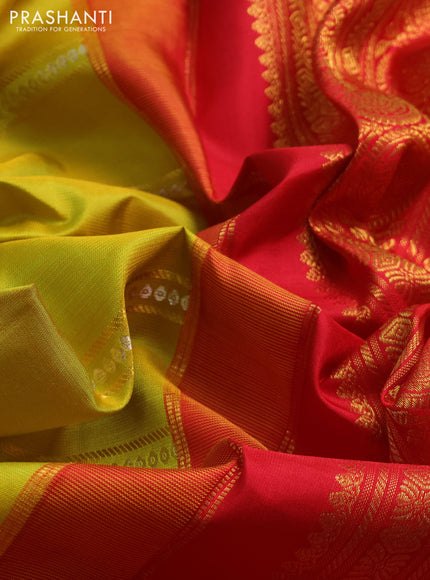 Lime Yellow & Red Pure Kanchipuram Silk Saree