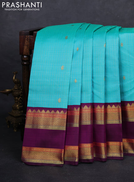 Teal Blue & Purple Pure Kanchipuram Silk Saree