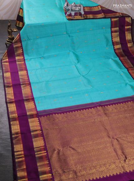 Teal Blue & Purple Pure Kanchipuram Silk Saree